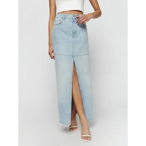 Reformation Skirt Womens 31 Blue Denim Tazz Maxi Raw Hem Modern Festival New - Picture 10 of 10